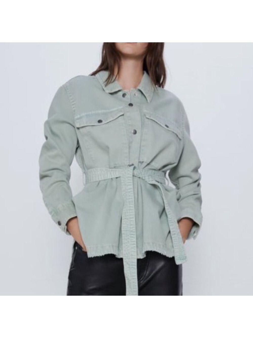 Zara denim belted cotton jean jacket sage green Sz XL